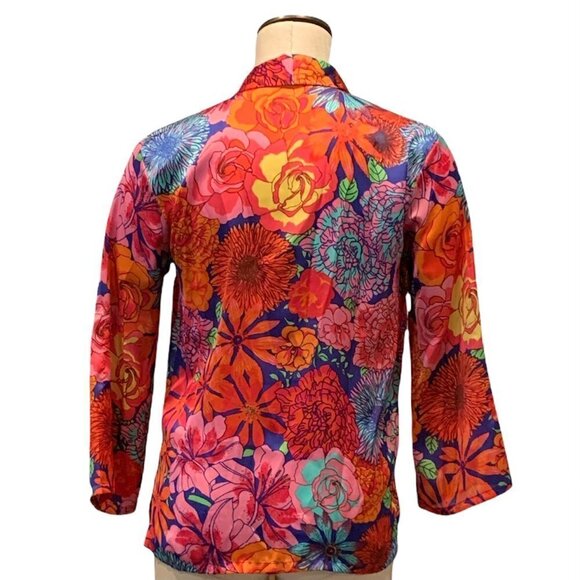 NATORI Womens Polyester Satin Top Colorful Floral Print Kimono Sleeve XS 210N - Picture 5 of 8